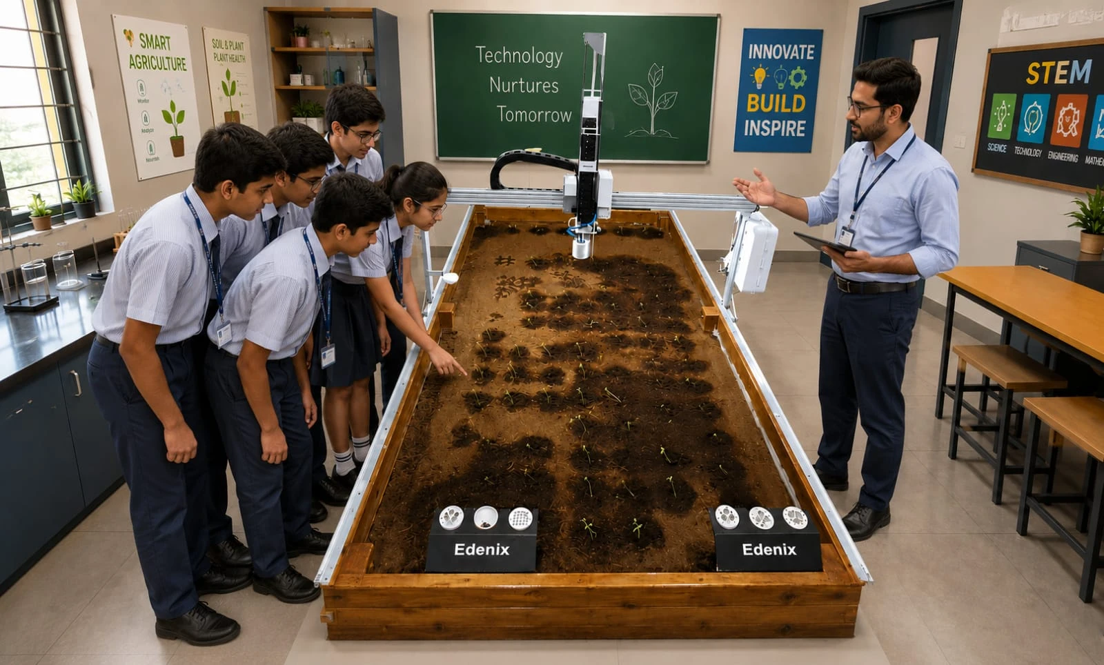 Students and their teacher around an Edenix bed in a school STEM lab